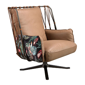 Кресло поворотное 5168 из коричневой кожи и ткани с коричневым принтом