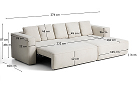 3-местный диван-кровать Marela бежевый шенилл с кушеткой справа 276 см