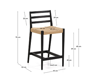 Полубарный стул Analy из массива дуба в черной отделке и веревочным сиденьем 65 см
