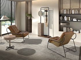 Вешалка для одежды 3281 из кожи, ореха и черной стали с зеркалом