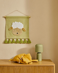 Настенный гобелен Milu из зеленого хлопка с овцой и зелеными кисточками