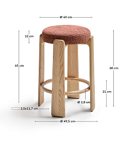 Granite Полубарный табурет из терракотового шенилла и массива ясеня в натуральной отделке 65 см