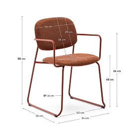 Стул Meli с подлокотниками из терракотовой шенилли с терракотовыми металлическими ножками